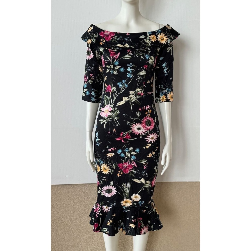 NWT Joe Brown's Women's Dress Black Floral Sz 2 Pencil Off Shoulder Collared